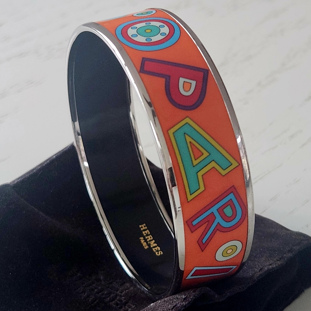 Hermes Wide Orange Paris 24 Faubouh Enamel Bangle-EUC! - Picture 6 of 10
